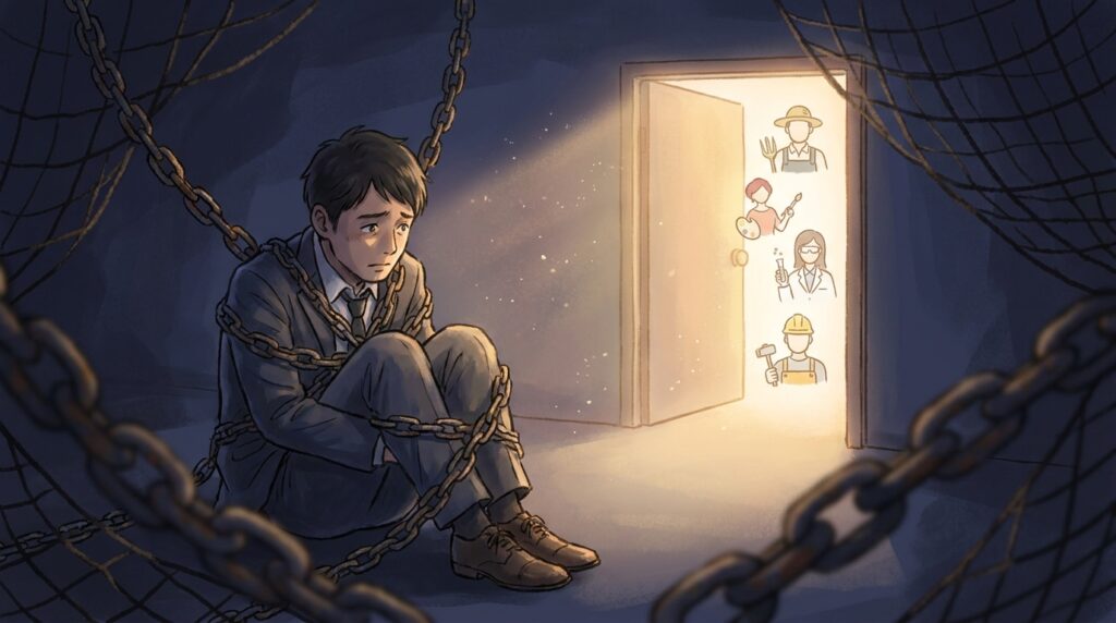 Man sits chained in a dark cave, head down, while a bright door displays icons of various jobs outside (farmer, nurse, scientist, builder).