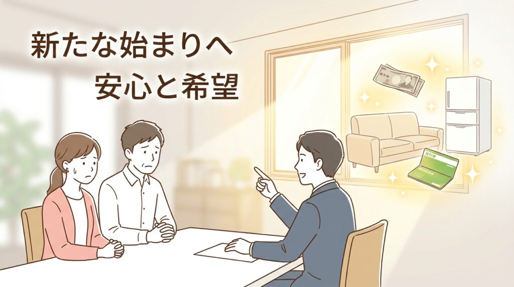 Japanese text reads '新たな始まりへ 安心と希望' as a couple speaks with an adviser; a bright window shows a home interior with money and cards, symbolizing new beginnings and financial security.