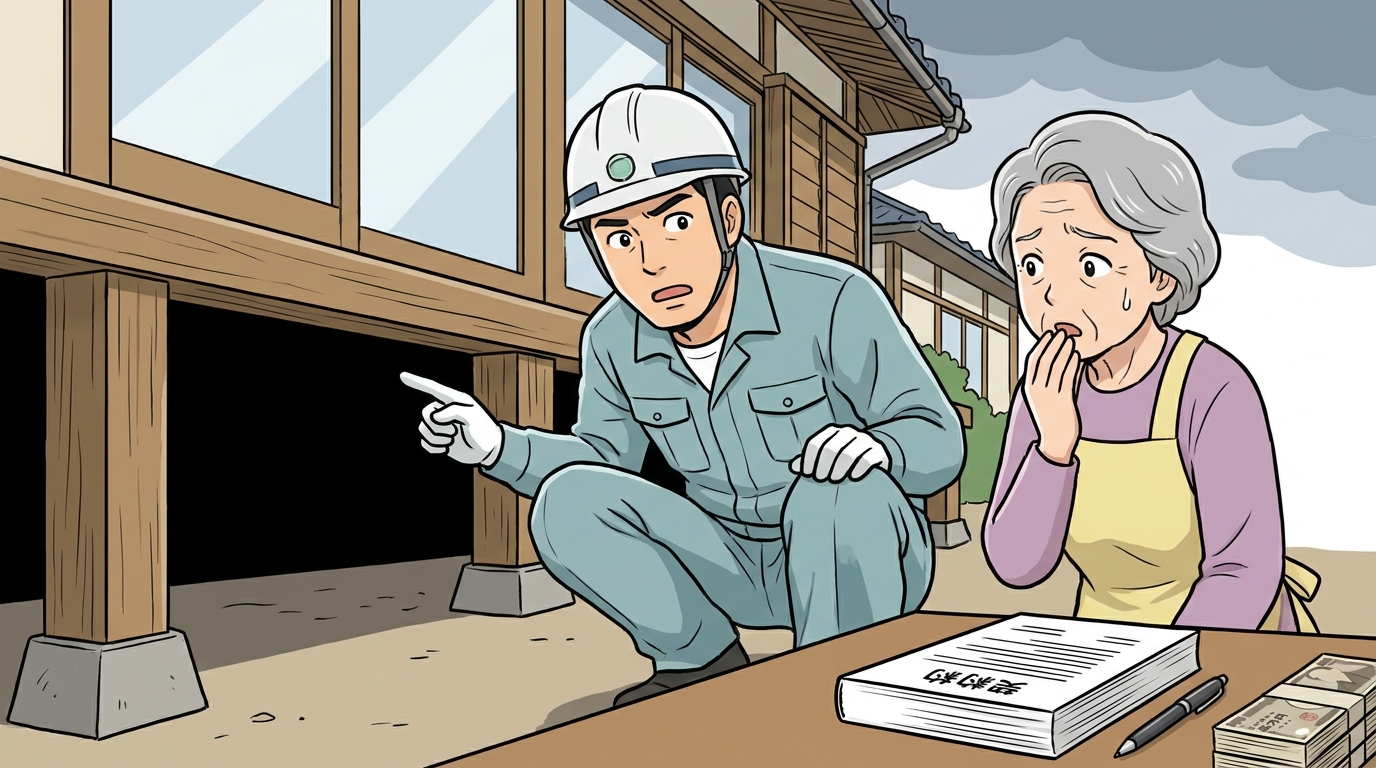 白アリ駆除業者から不安を煽る説明を受け、困惑している女性のイラスト