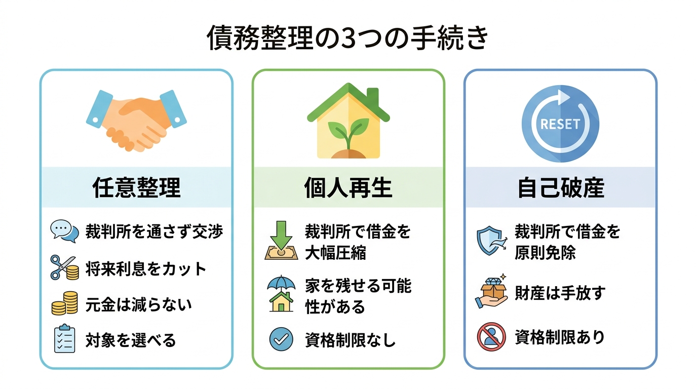 債務整理の3つの手続き「任意整理」「個人再生」「自己破産」の主な特徴を比較した図解。任意整理は交渉、個人再生は圧縮、自己破産は免除というポイントが示されている。