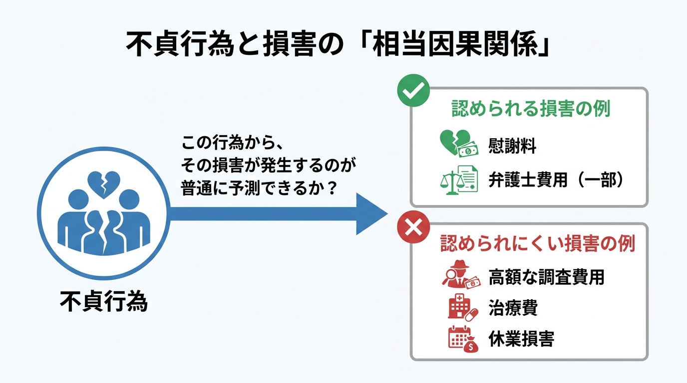 不貞行為と損害の「相当因果関係」を解説する図解。不貞行為から矢印が伸び、慰謝料や弁護士費用は認められやすく、調査費用や治療費は認められにくいことを示している。