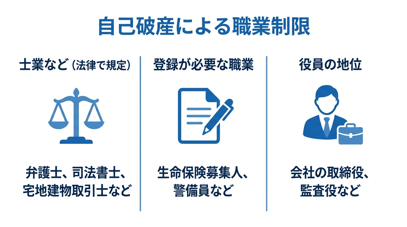 自己破産で制限される職業のカテゴリ。士業、登録が必要な職業、会社の役員という3つのタイプを図解したもの。