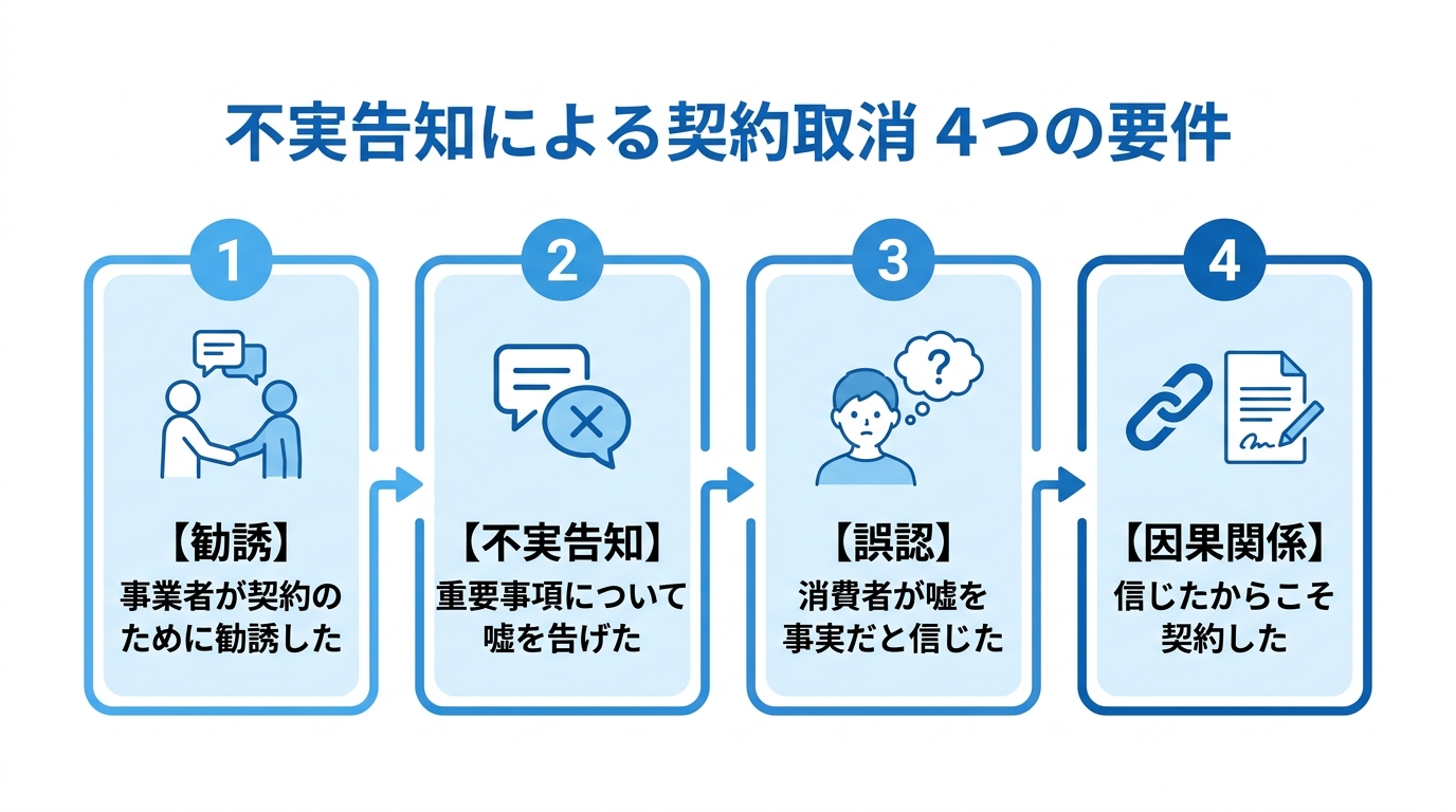 不実告知による契約取消が認められる4つの要件(勧誘、不実告知、誤認、因果関係)をまとめた図解