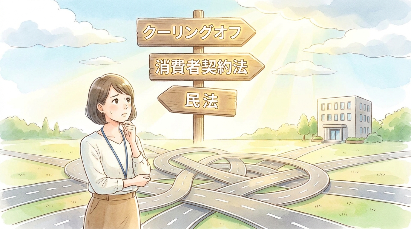 契約トラブルで悩む女性の前に「クーリングオフ」「消費者契約法」「民法」という複数の解決策への道標が現れているイラスト。
