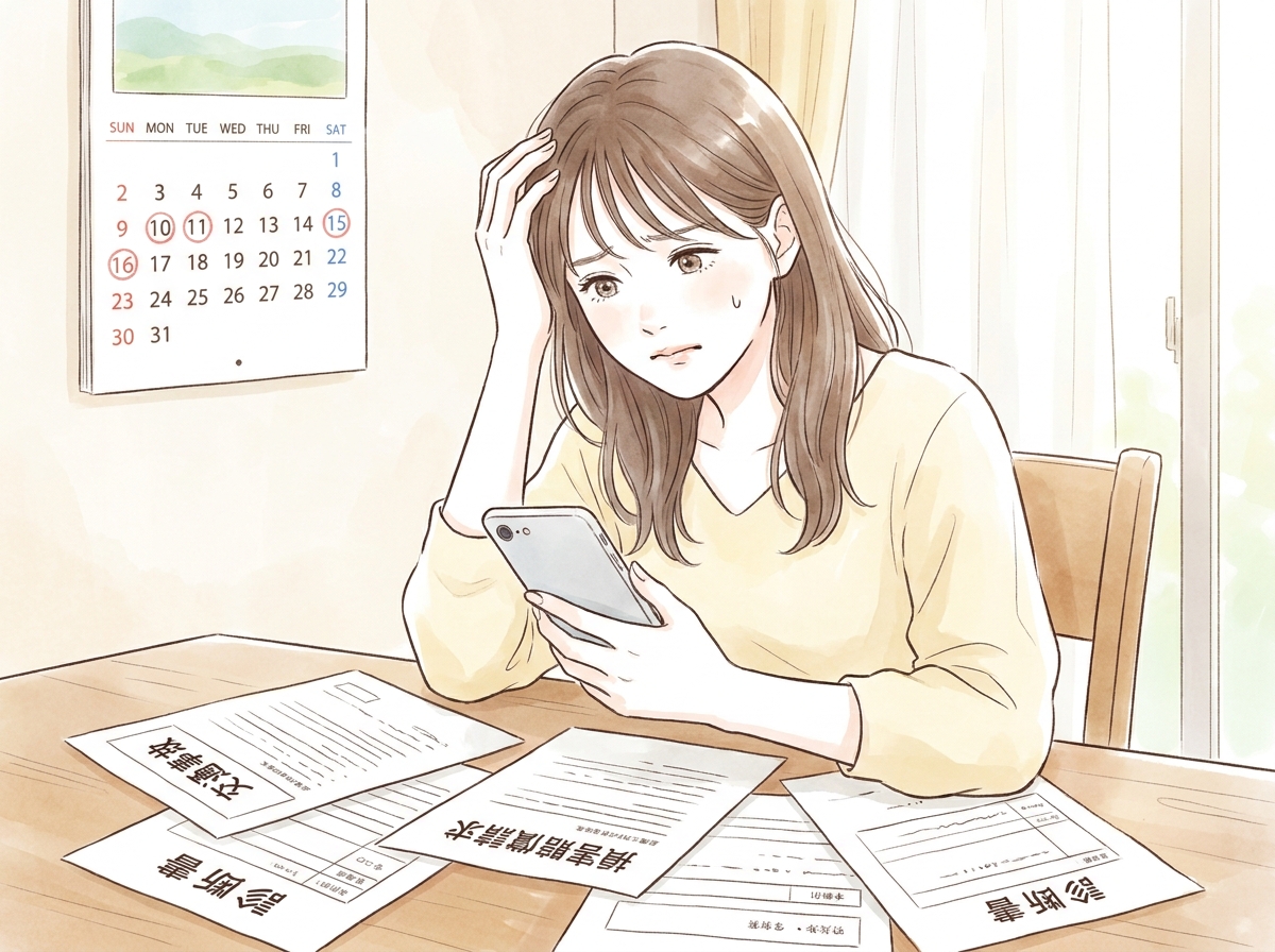 交通事故後の手続きに悩む女性のイラスト。書類を前にどうすれば良いか考えている様子。