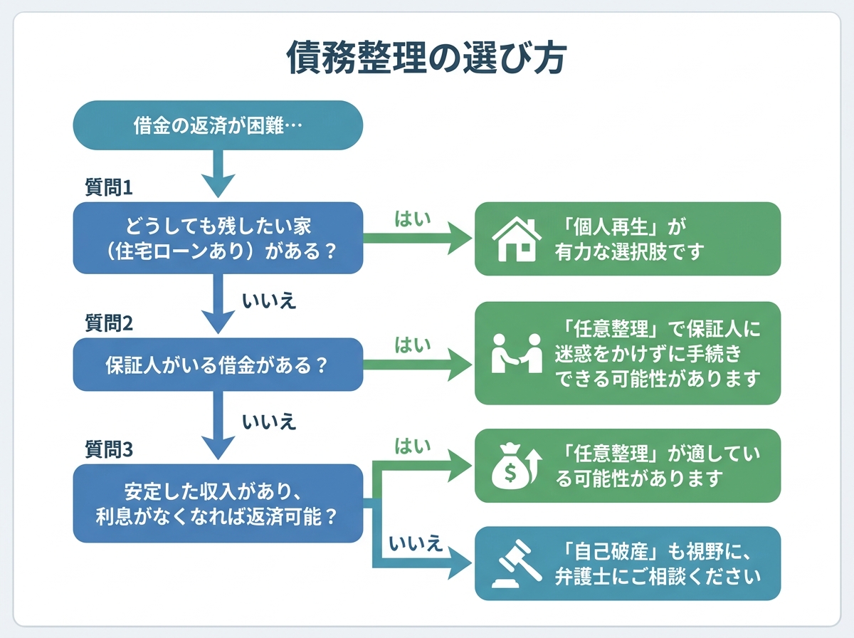 自分に合った債務整理の選び方がわかるフローチャート。「家を残したいか」「保証人はいるか」などの質問に答えていくと、任意整理、個人再生、自己破産が向いているかの目安がわかる。