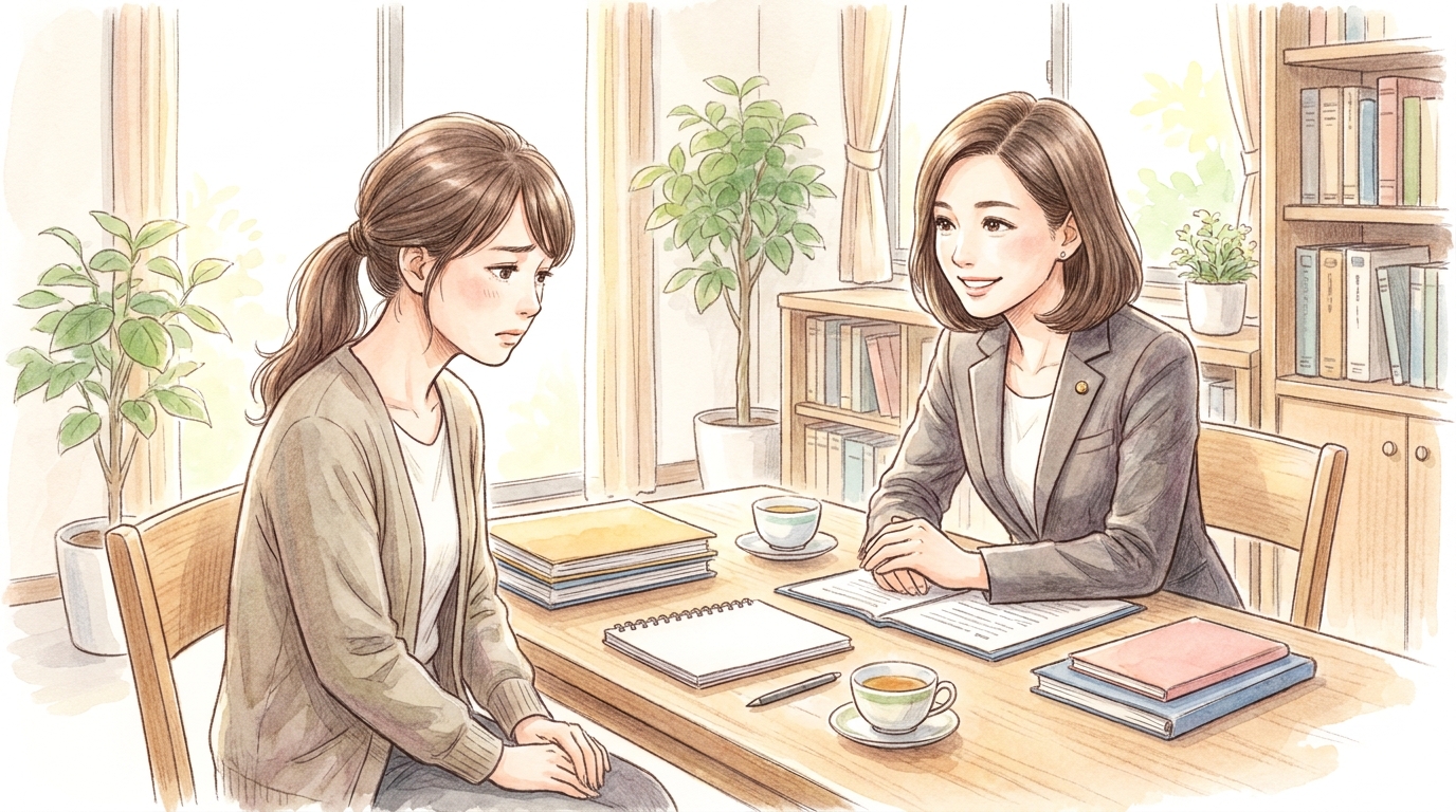 インターネットの誹謗中傷について、法律事務所で弁護士に相談する女性のイラスト。