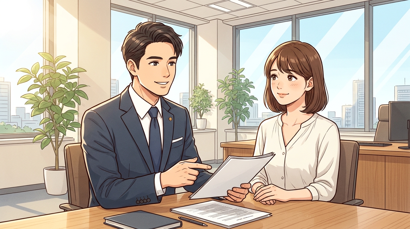 法律事務所で、弁護士に相談して安心した表情を浮かべる女性依頼者。弁護士は親身に話を聞いている。