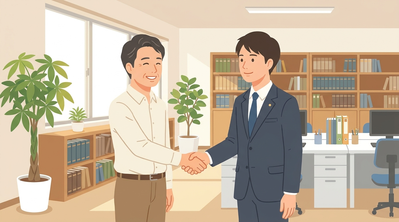 法律事務所で弁護士に相談し、不安が解消され安心した表情を浮かべる男性。