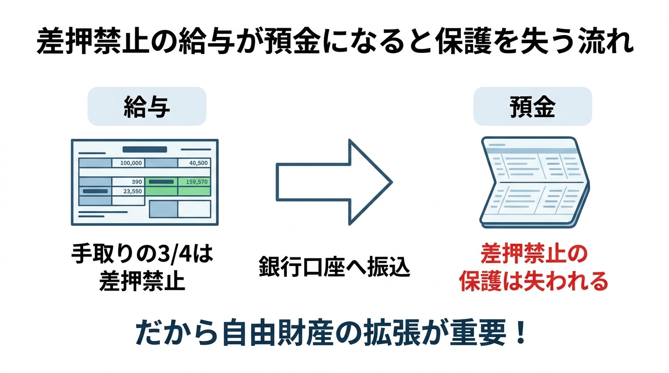 給与が銀行口座に振り込まれると「預金」となり、差押禁止の保護を失ってしまう流れを示した図解。