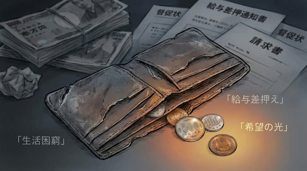 Worn wallet with coins spilling out beside stacks of cash and notices, symbolizing financial hardship, debt, and poverty.