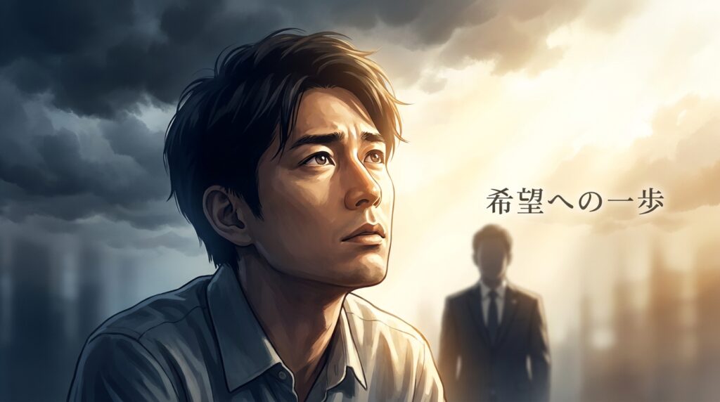 Man in the foreground gazes toward a bright light as stormy clouds loom left, with a distant suited figure in the background and Japanese text about hope.