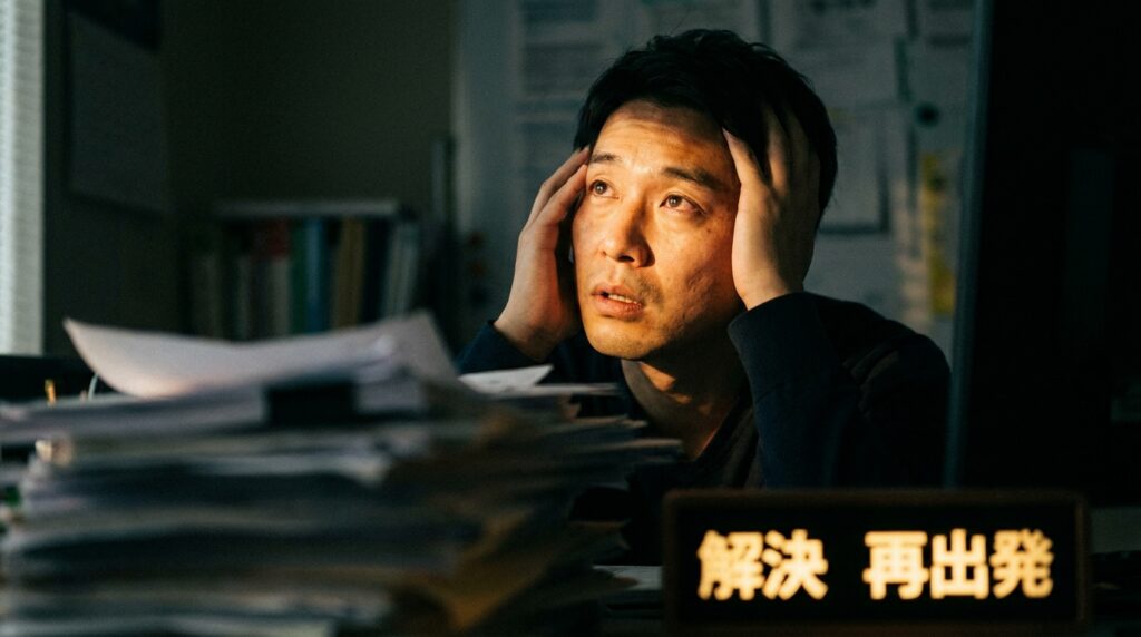 Man at a cluttered desk, hands on head, looking overwhelmed as papers pile up around him.