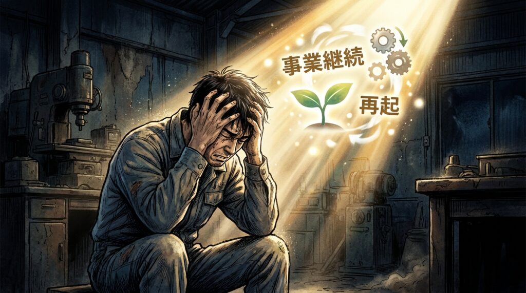 Stressed man in a dusty workshop, sunlight shines on a sprouting plant with gear icons above, symbolizing business continuity and revival.