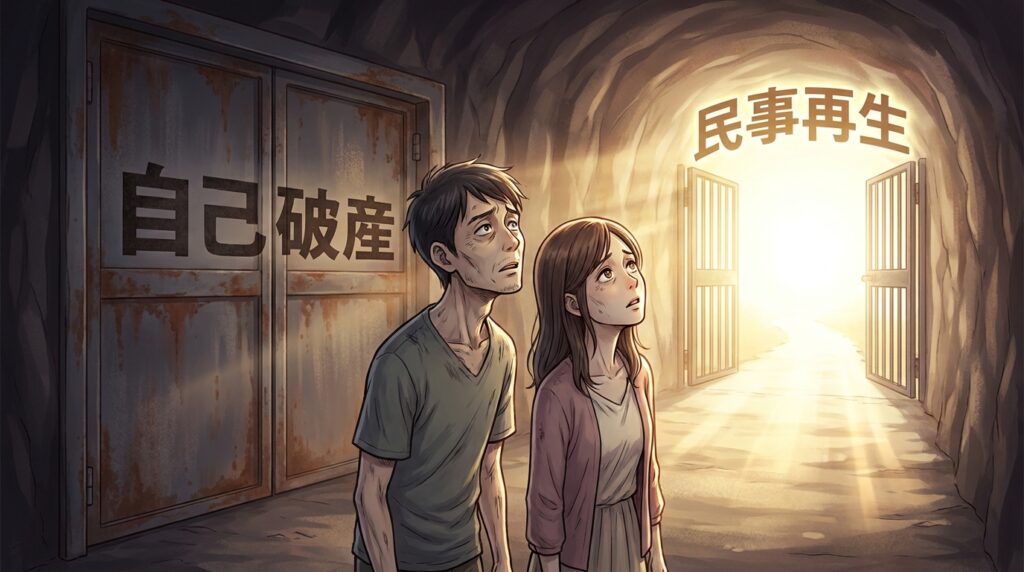 A man and woman in a dim cave gaze toward a bright exit; left wall shows 自己破産, while the open doors on the right lead to 民事再生.