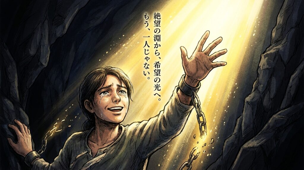 A person in a dark cave reaches toward a bright shaft of light, chained wrists raised, tears on their face, with a hopeful message about not being alone.