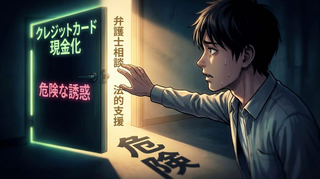 Man in a shirt reaches toward a glowing door with neon Japanese text about credit card cashing and legal aid, in a dim hallway, conveying danger.