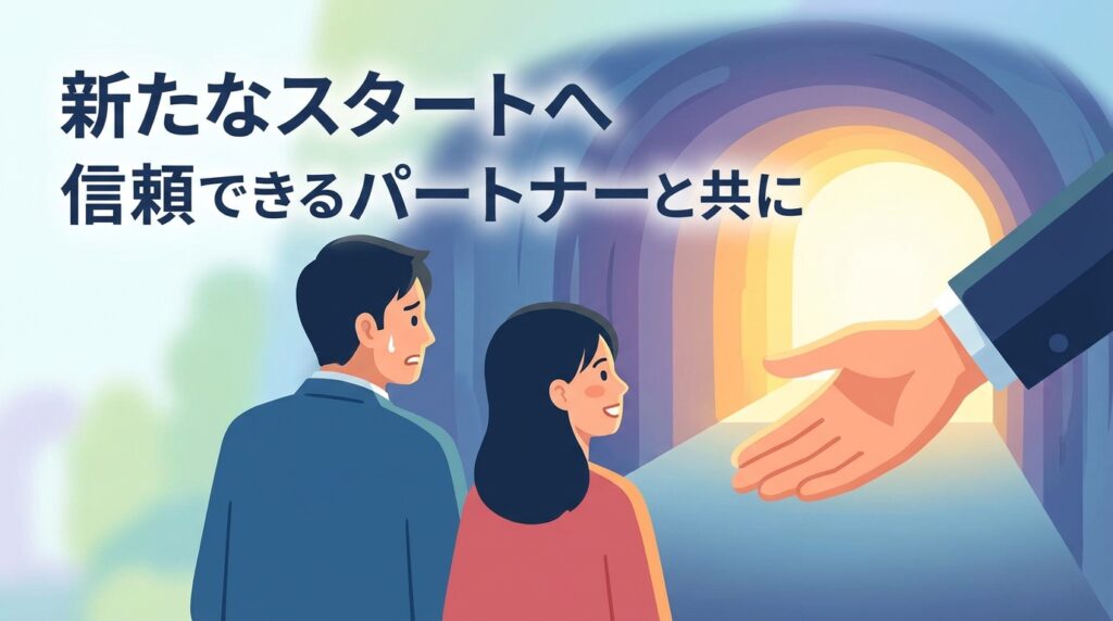 Two people face a glowing tunnel as a large hand reaches out, symbolizing a trusted partner guiding a new start.