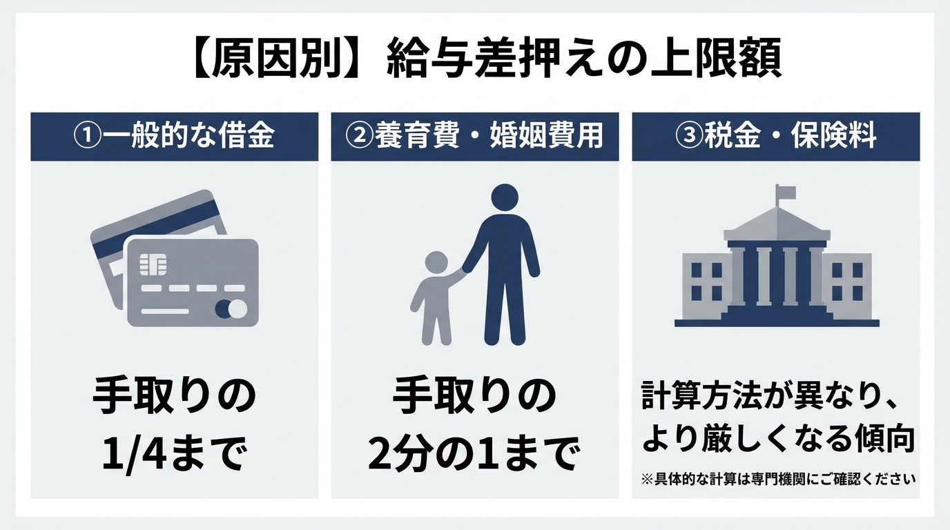 給与差押えの上限額を原因別に比較した図解。一般的な借金は手取りの4分の1、養育費は2分の1、税金は計算方法が異なり厳しくなることを示している。
