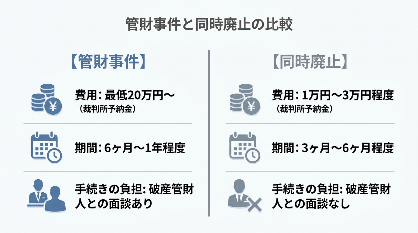 自己破産における「管財事件」と「同時廃止」の違いを費用・期間・手続きの負担の3点で比較した図解。同時廃止の方が負担が少ないことが示されている。