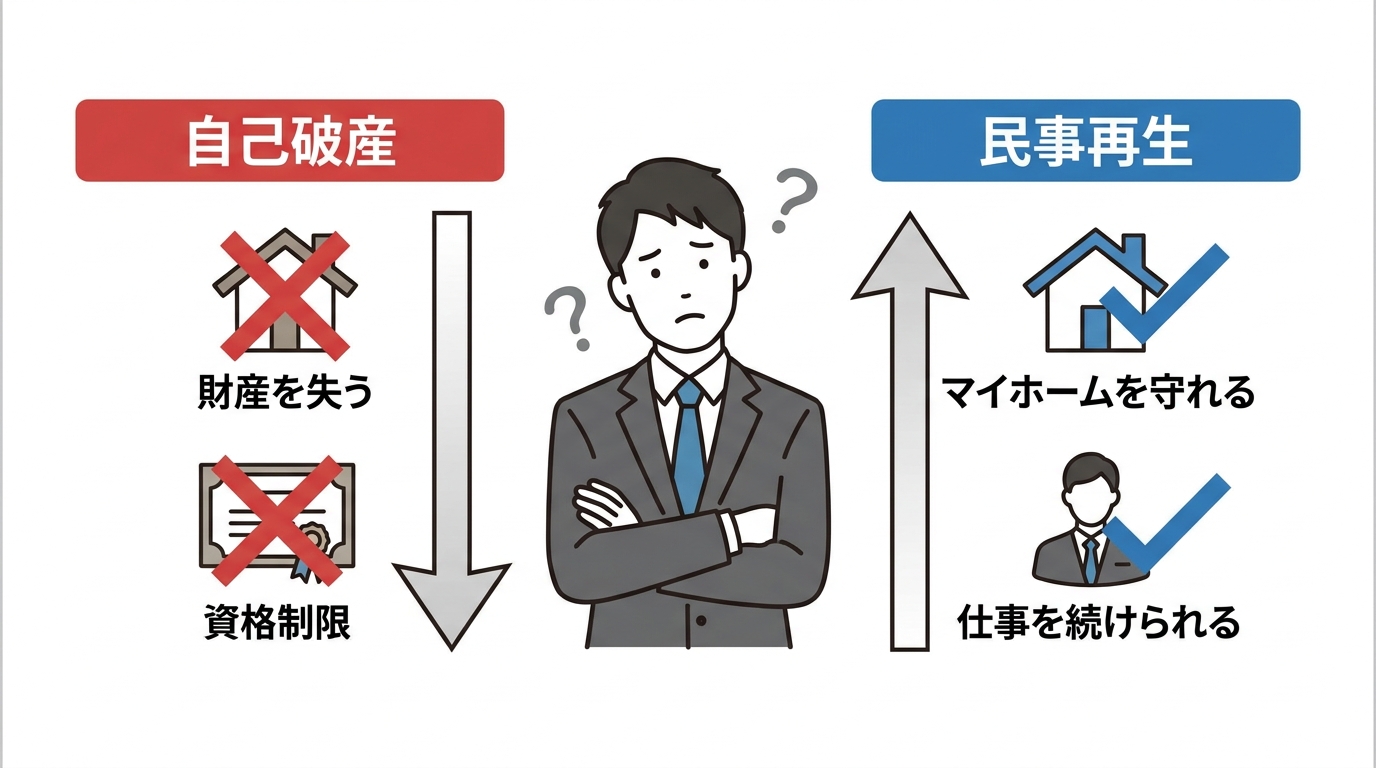 自己破産と民事再生のメリット・デメリットを比較する図。自己破産では財産や資格を失うリスクがある一方、民事再生では家や仕事を維持できる可能性を示している。