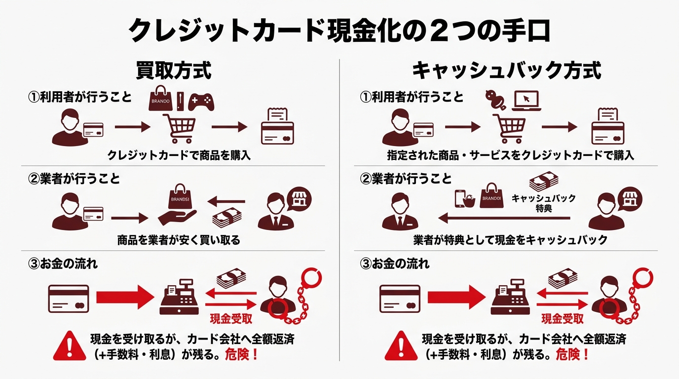 クレジットカード現金化の「買取方式」と「キャッシュバック方式」の仕組みを比較した図解。利用者が損をする構造が分かりやすく示されている。
