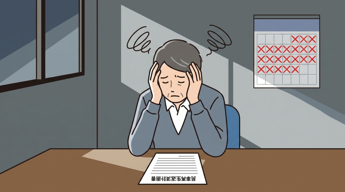 民事再生の返済計画が滞り、頭を抱えて悩んでいる男性のイラスト