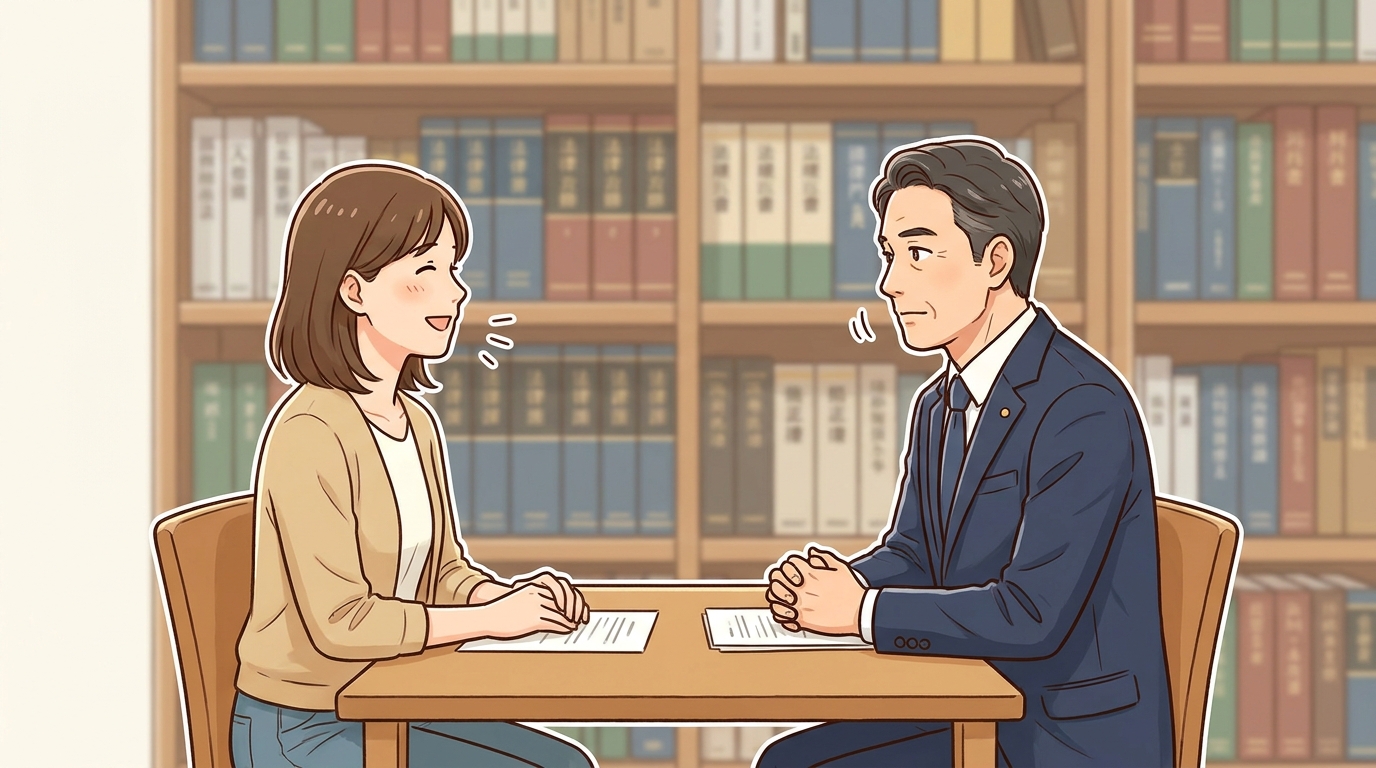 法律事務所で弁護士に相談し、安堵の表情を浮かべる相談者。給与差押えの問題解決に向けて前進している様子。