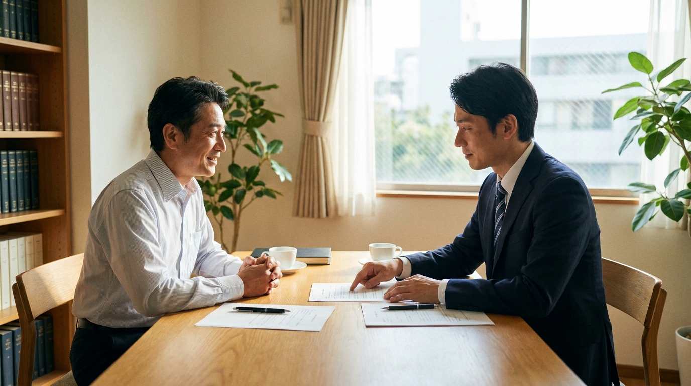 弁護士に相談し、不安が和らいでいる様子の自営業者の男性。自己破産の予納金が払えないという不安を解消する方法について説明を受けている。