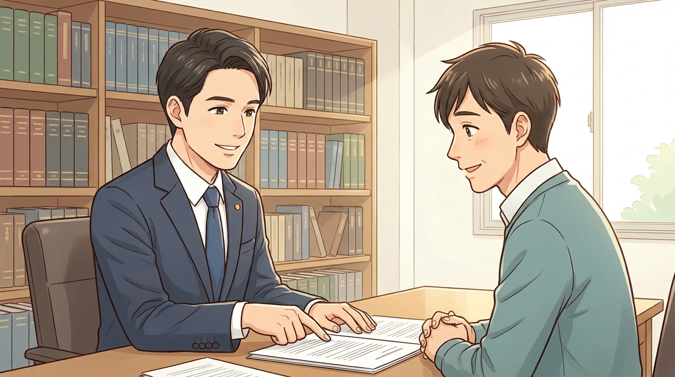 弁護士から自由財産の拡張について説明を受け、少し安堵の表情を浮かべる自営業者のイラスト。