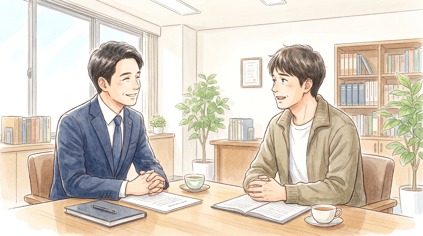 法律事務所で弁護士に相談し、少し安心した表情を浮かべる男性。専門家への相談が問題解決の第一歩であることを示唆している。