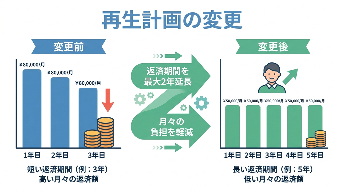 再生計画の変更による返済期間延長と月々の返済額軽減の仕組みを示した図解