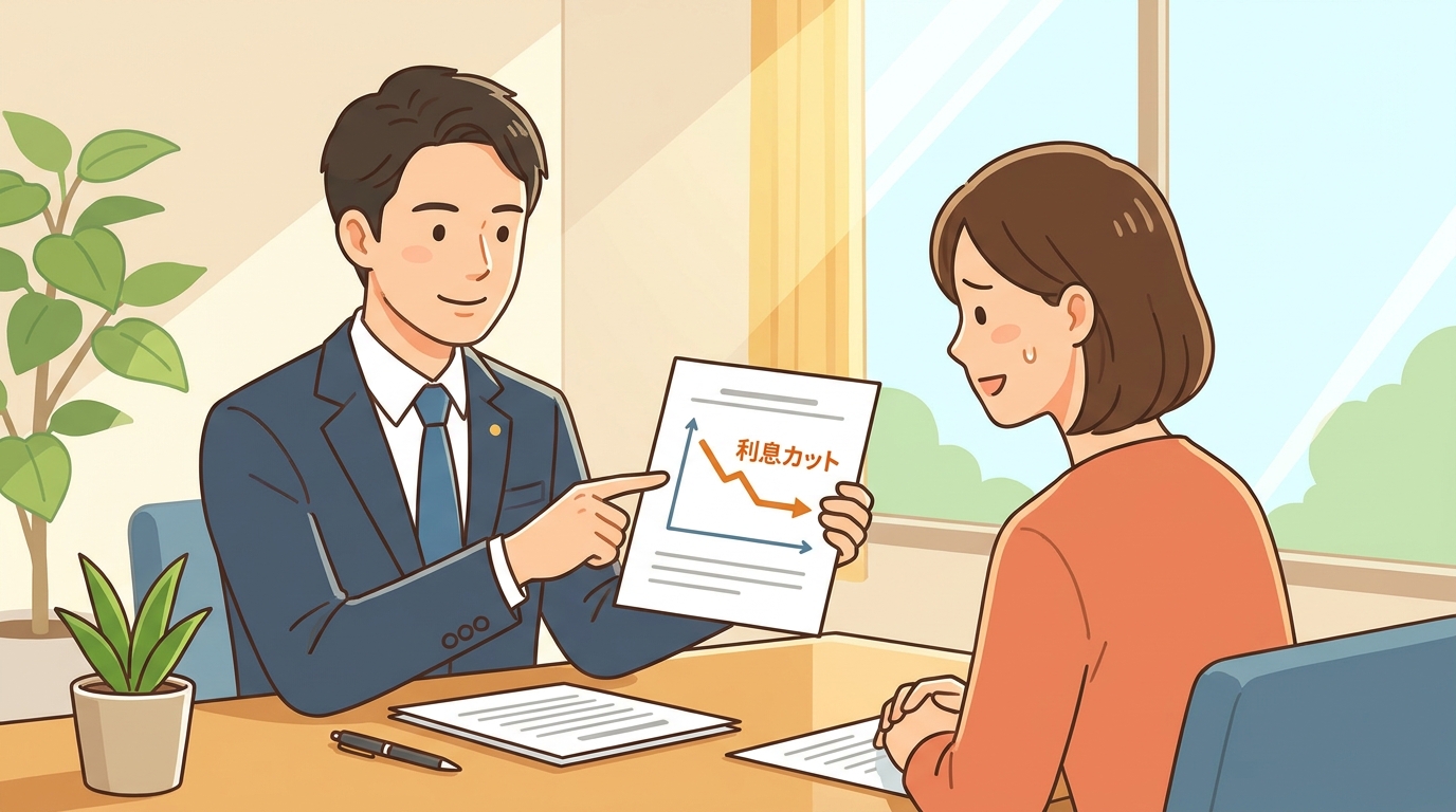 弁護士が相談者に対して、任意整理による将来利息カットのメリットをグラフを使って説明しているイラスト。