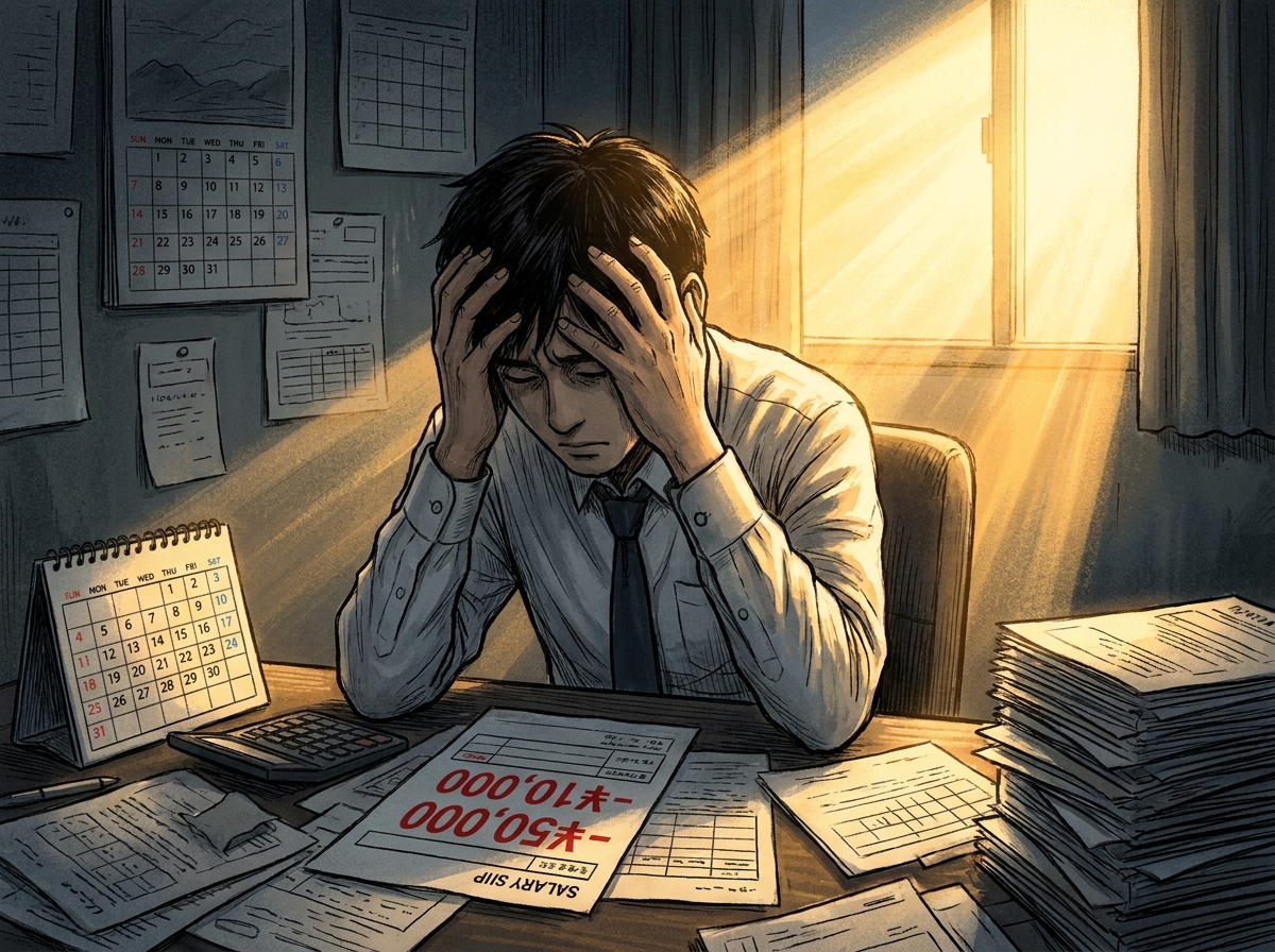 給与差押えにより減った給与明細を見て頭を抱える男性。しかし、一筋の光が差し込んでおり、解決への希望を暗示している。