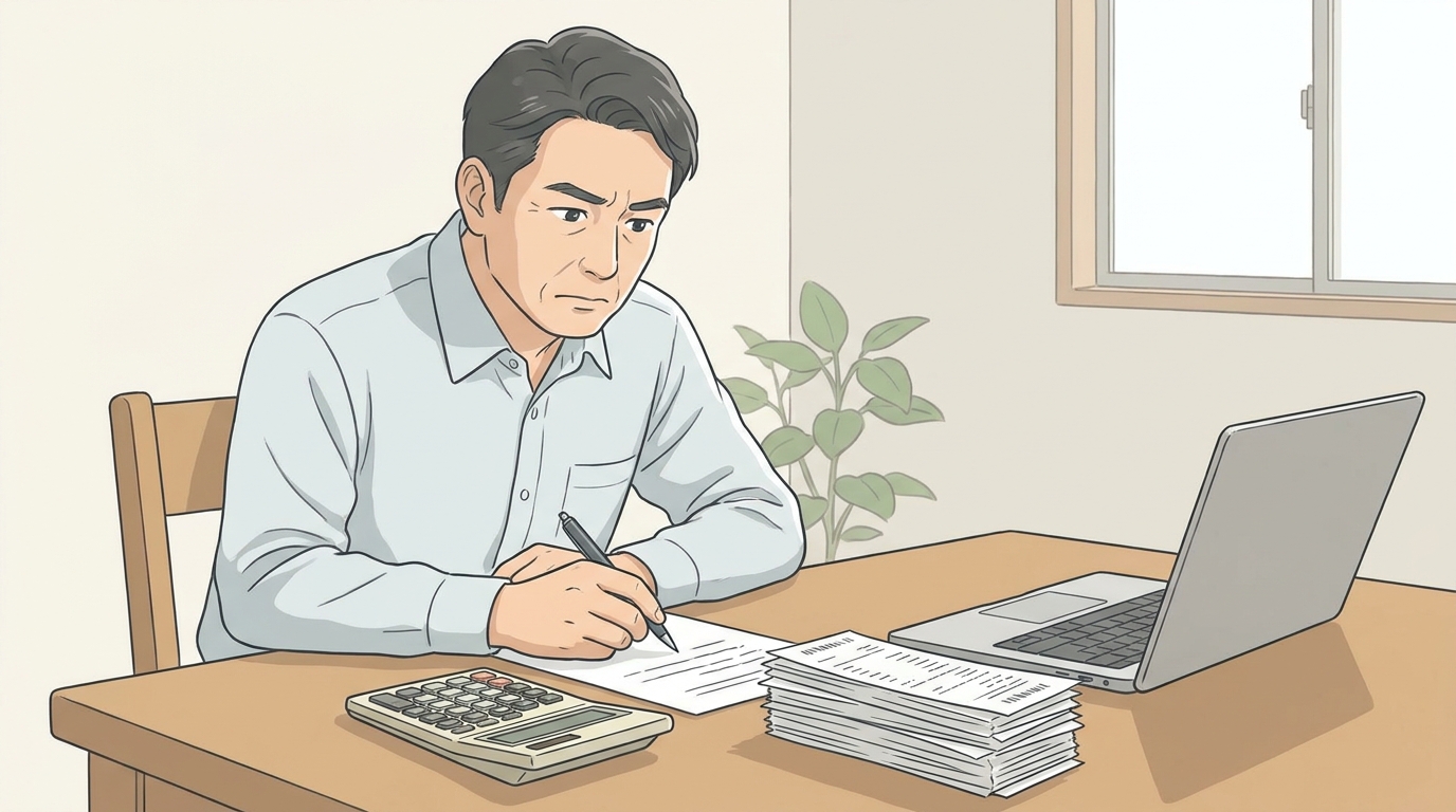 自己破産を前に、事業の財務状況を真剣な表情で整理している自営業者のイラスト。