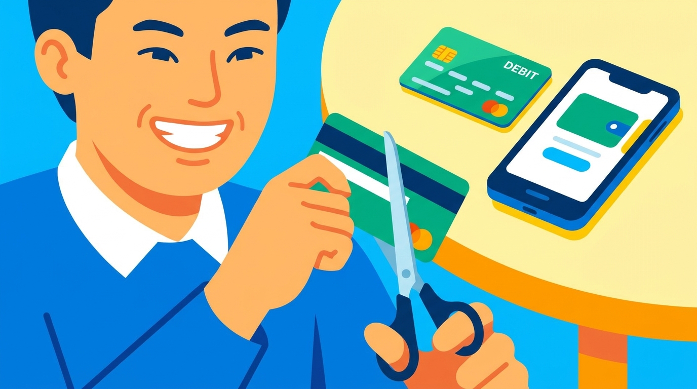 男性がクレジットカードにハサミを入れ、借金生活との決別を象徴するイラスト。背景にはデビットカードとスマホがあり、新しい決済方法への移行を示唆している。