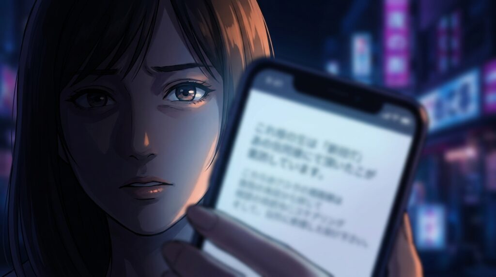Young woman in a nighttime city, phone lit screen showing blurred text, worried expression as she reads from her smartphone.