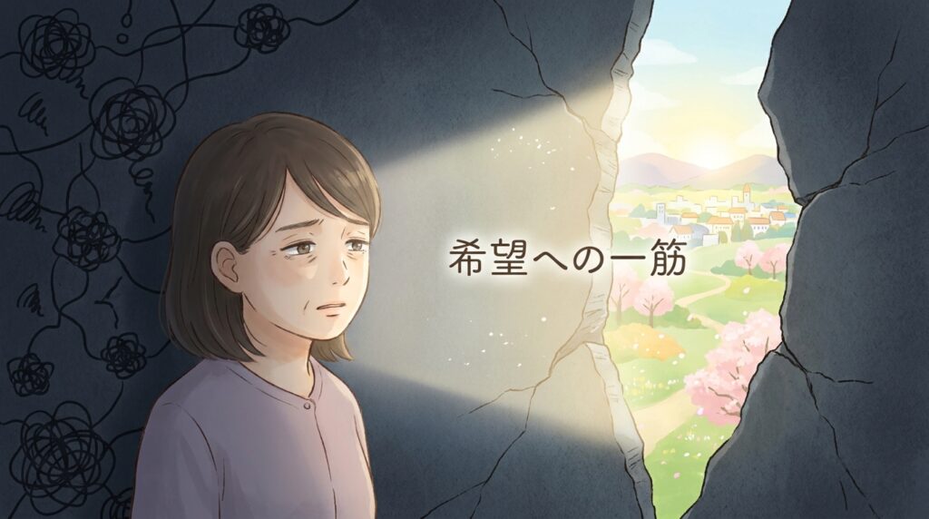 Woman in a dark cave gazes toward a sunlit, blossom-filled village, symbolizing hope.