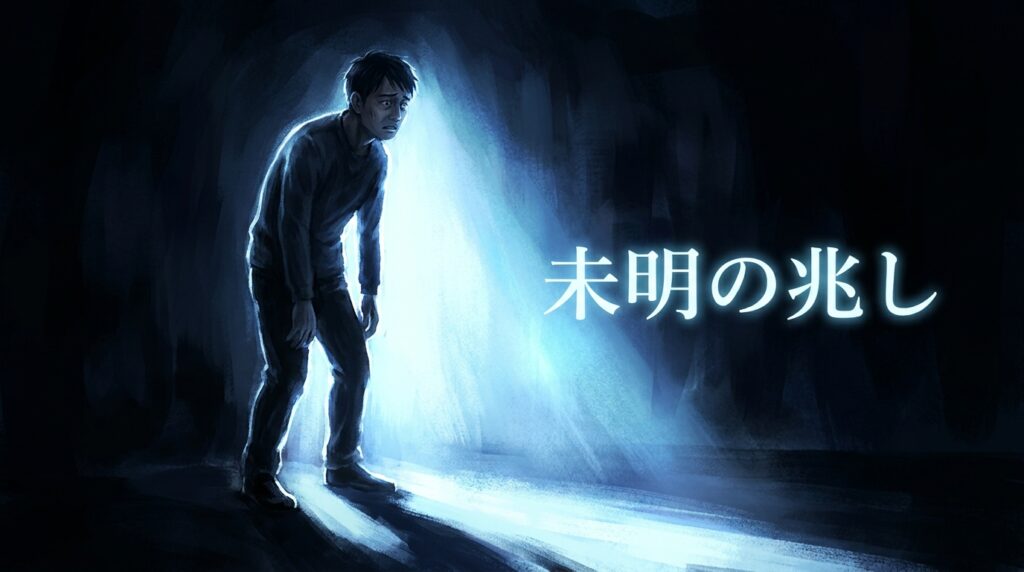 A frightened young man stands in a dark cave, illuminated by a pale blue glow from behind, with Japanese text 未明の兆し on the right.