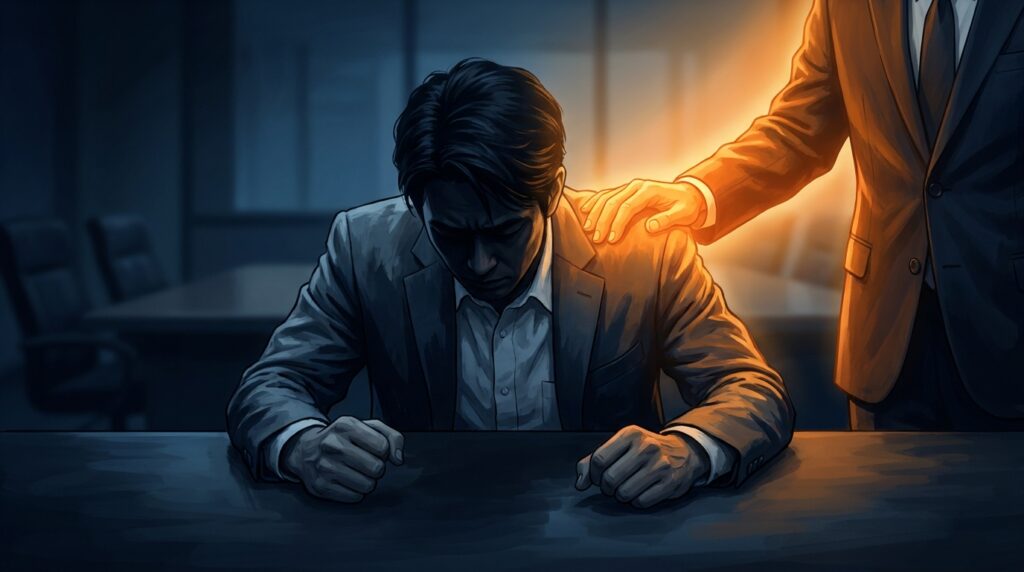 Man in a suit sits at a table with head bowed as another person places a hand on his shoulder under a warm backlight.