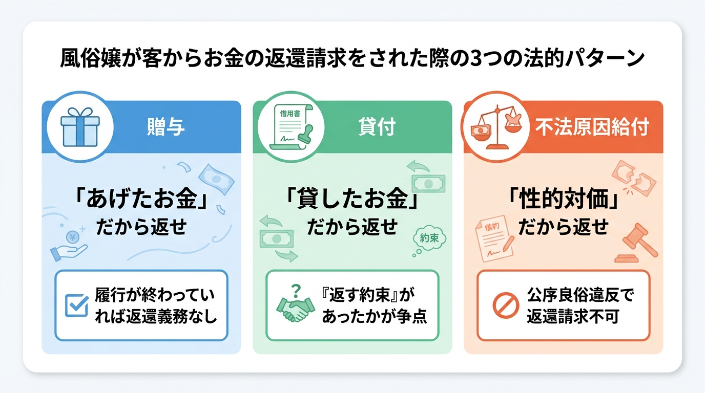 客からの金銭返還請求の3つの法的パターンを比較した図解。「贈与」「貸付」「不法原因給付」それぞれの法的ポイントを解説。