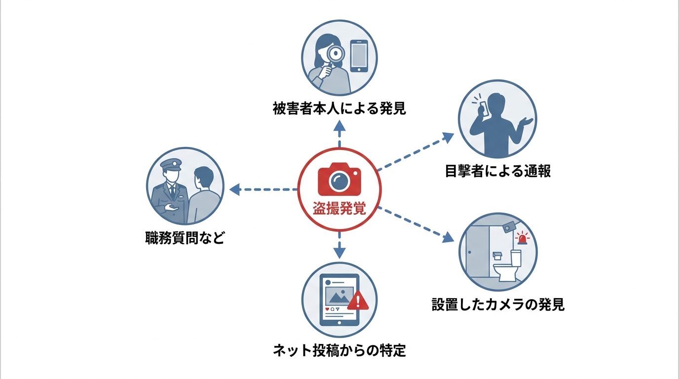 盗撮事件が発覚する5つの主なきっかけ（被害者本人、目撃者、設置カメラ、ネット投稿、職務質問）を図解したインフォグラフィック。