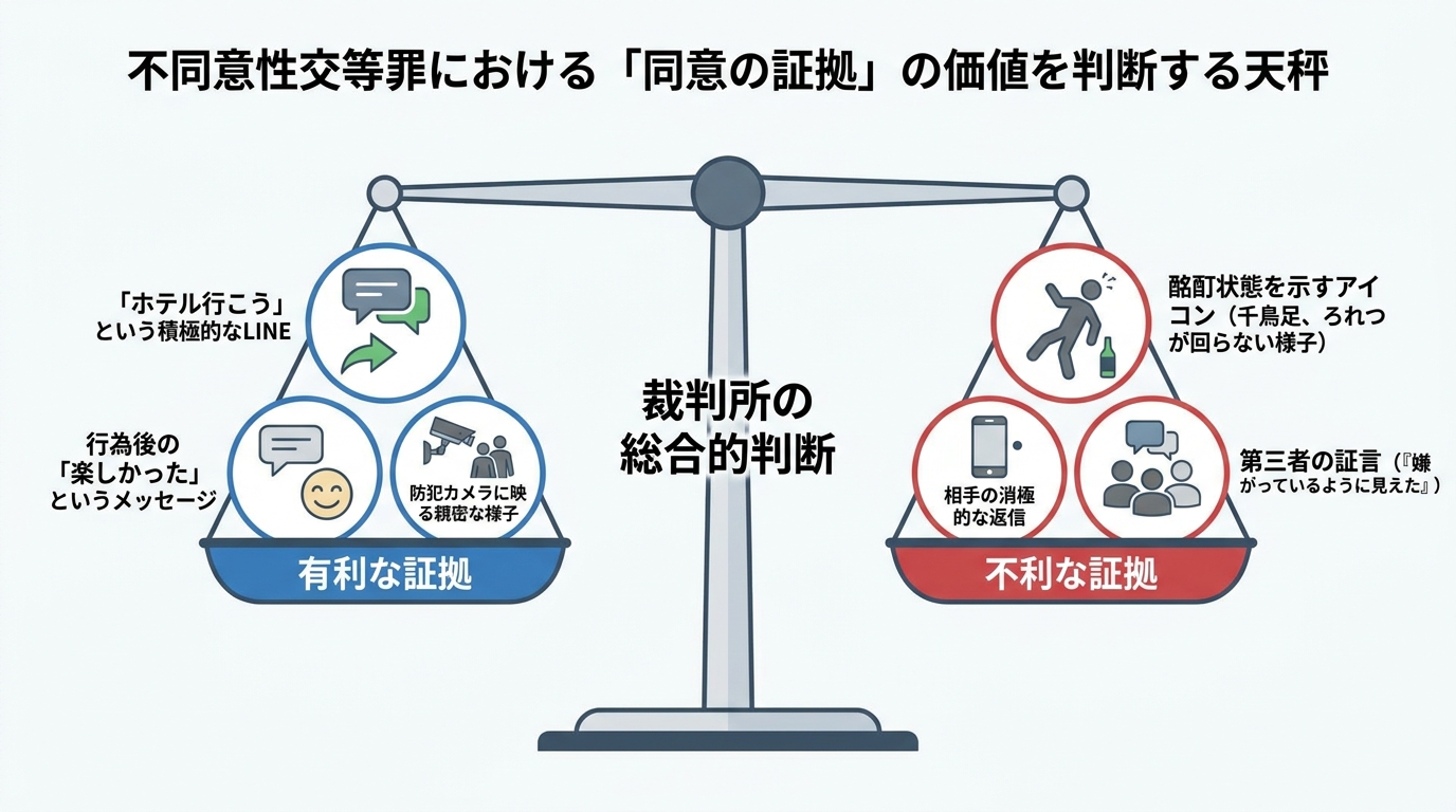 不同意性交等罪における同意の証拠価値を天秤で比較した図解。LINEのやり取りなどの有利な証拠と、酩酊状態などの不利な証拠が裁判所で総合的に判断されることを示している。