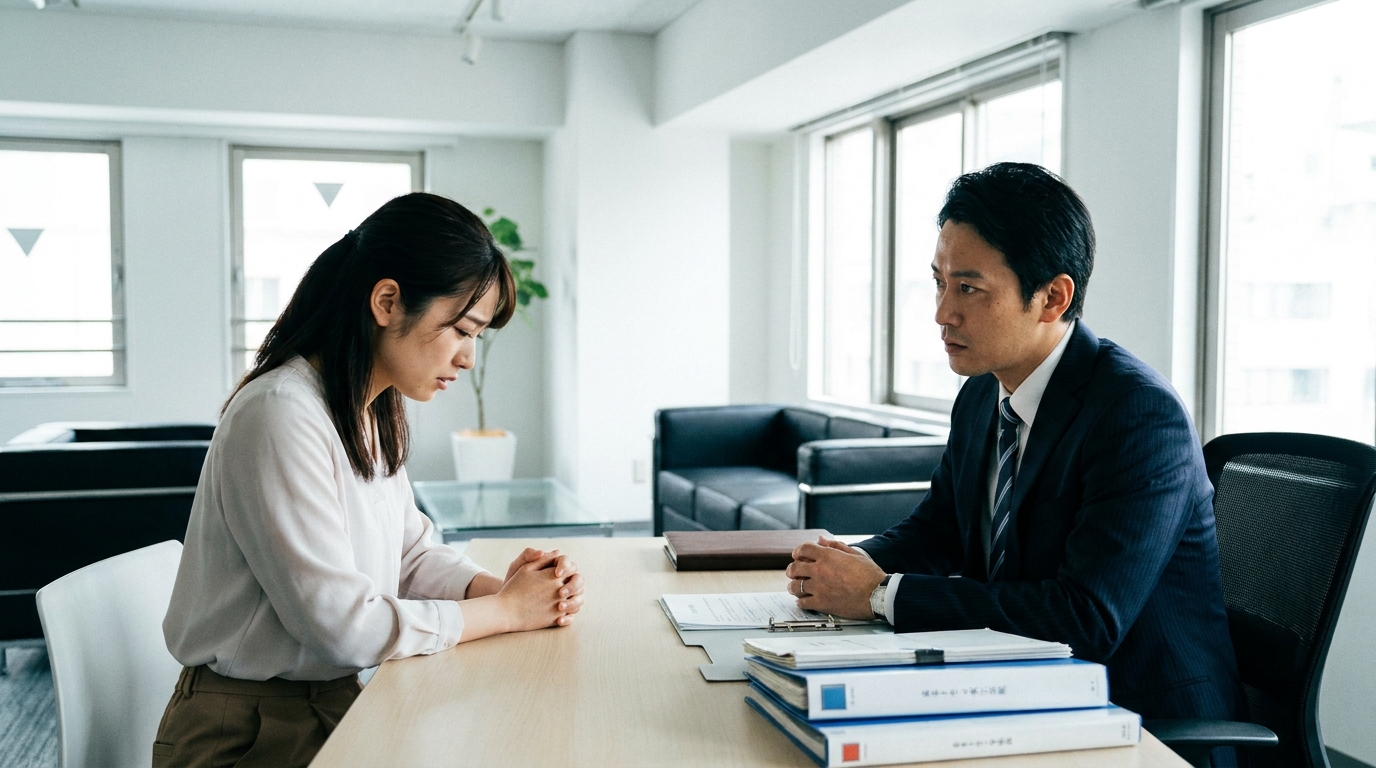 AIによる性的画像被害について弁護士に相談する女性。問題の深刻さと専門家によるサポートの重要性を示している。