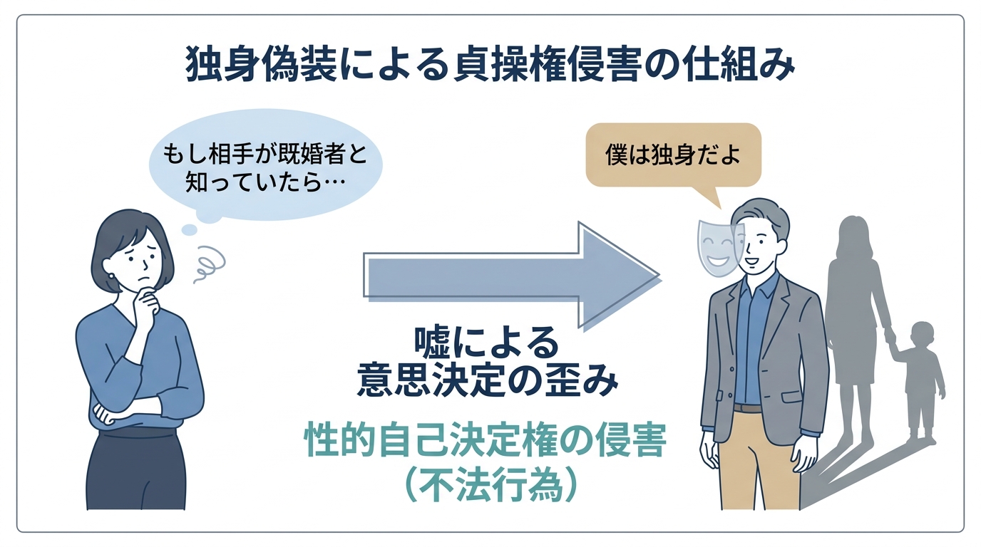 独身偽装による貞操権侵害の仕組みを解説する図解。嘘によって女性の自由な意思決定が歪められ、性的自己決定権が侵害される流れを示しています。