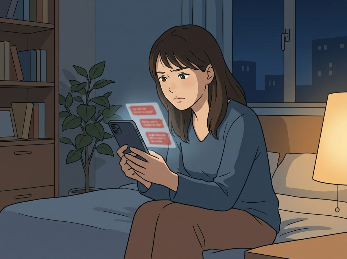 客からの執拗な連絡にスマートフォンを見ながら悩む女性のイラスト。