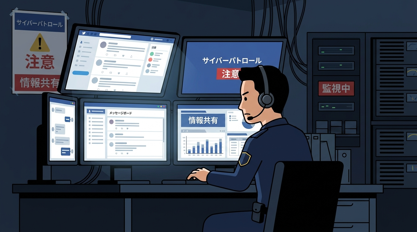 警察官がサイバーパトロールを行っているイラスト。複数のモニターに映るSNSや掲示板を監視し、違法な書き込みがないかチェックしている様子。