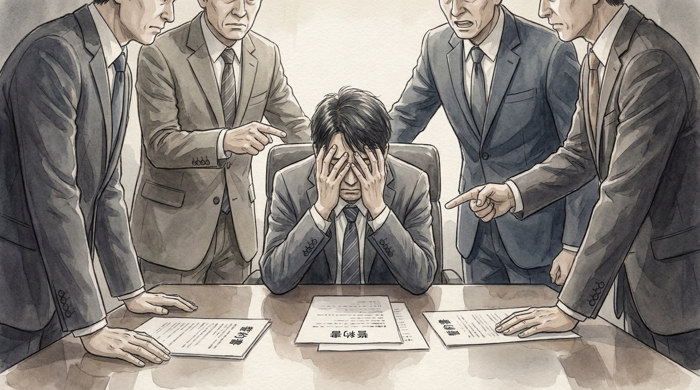 会社との面談で一人、厳しい追及を受け憔悴しきっている男性のイラスト。感情的な対立で示談交渉が決裂するリスクを象徴している。