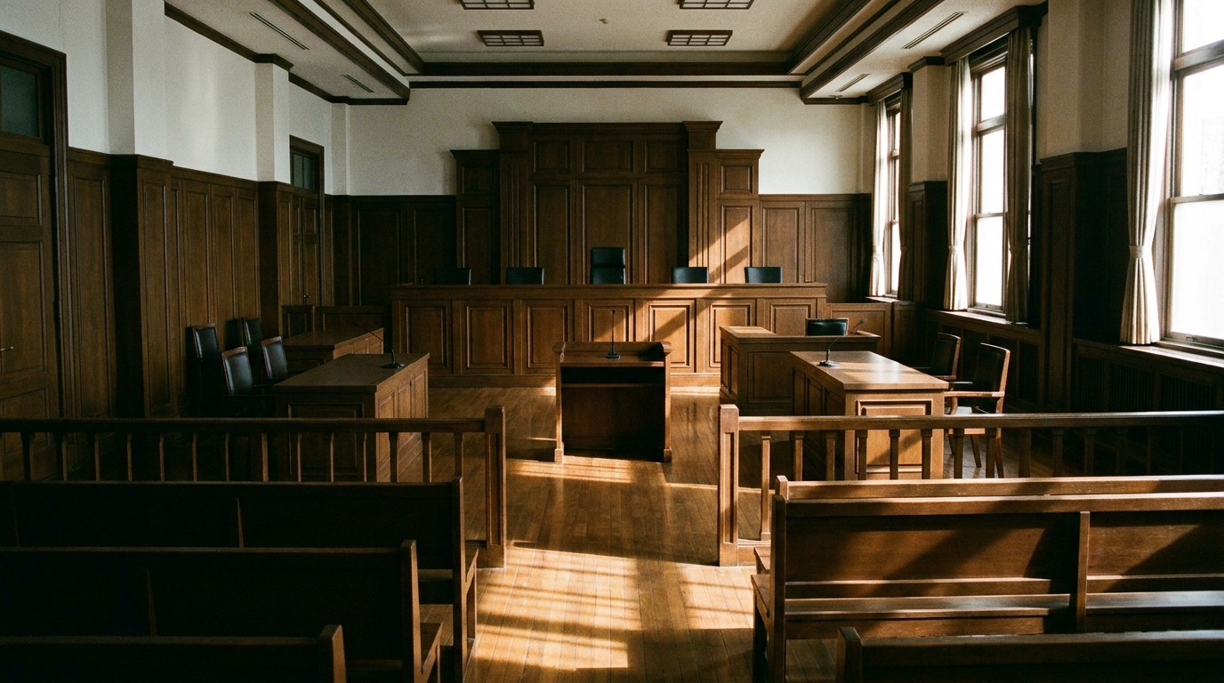 誰もいない静かで厳粛な雰囲気の日本の裁判所の法廷。刑事裁判が客観的証拠に基づき慎重に行われることを象徴している。