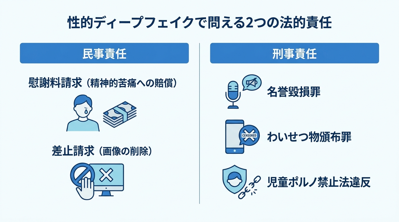 性的ディープフェイクで問える民事責任（慰謝料請求、削除請求）と刑事責任（名誉毀損罪など）を比較した図解。